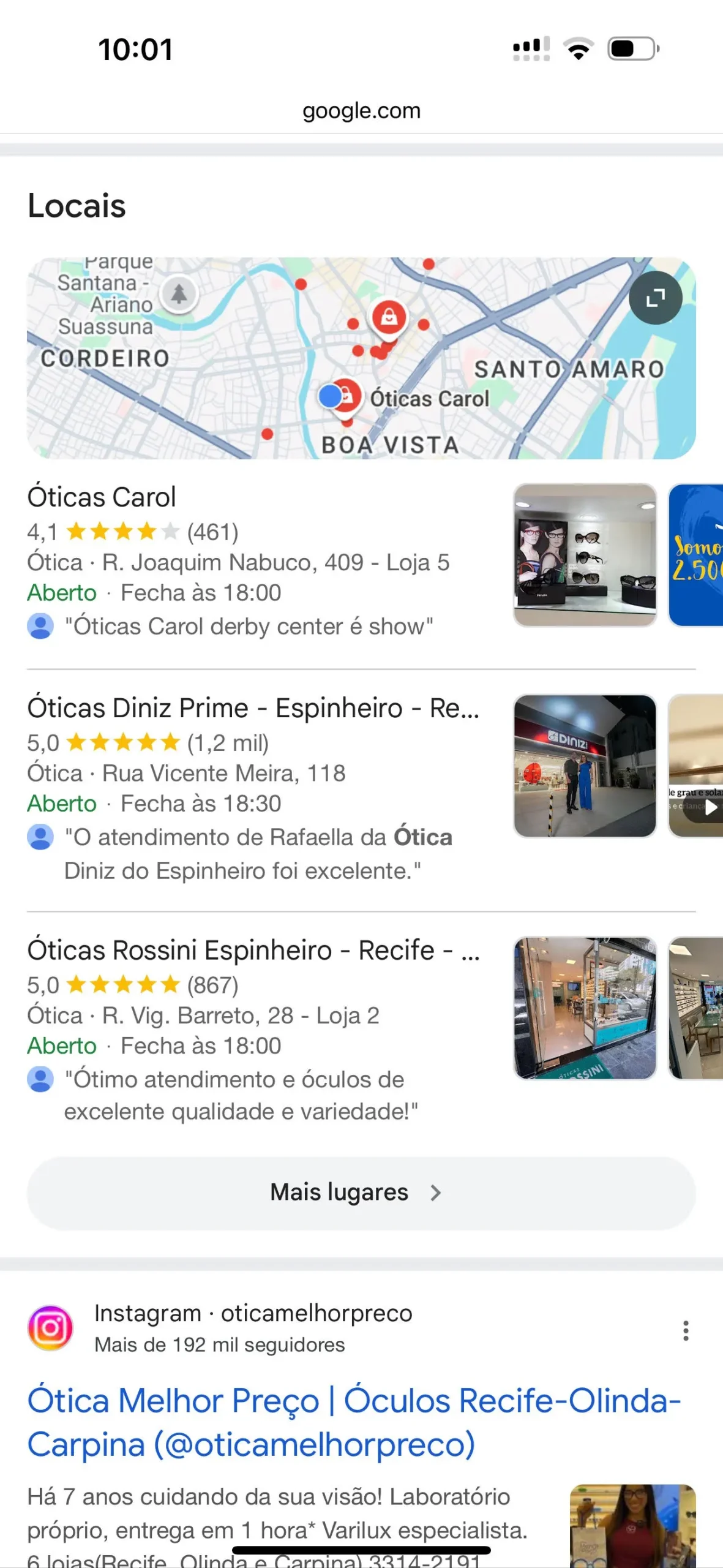 Resultado de busca no Google para ótica perto de mim - antes
