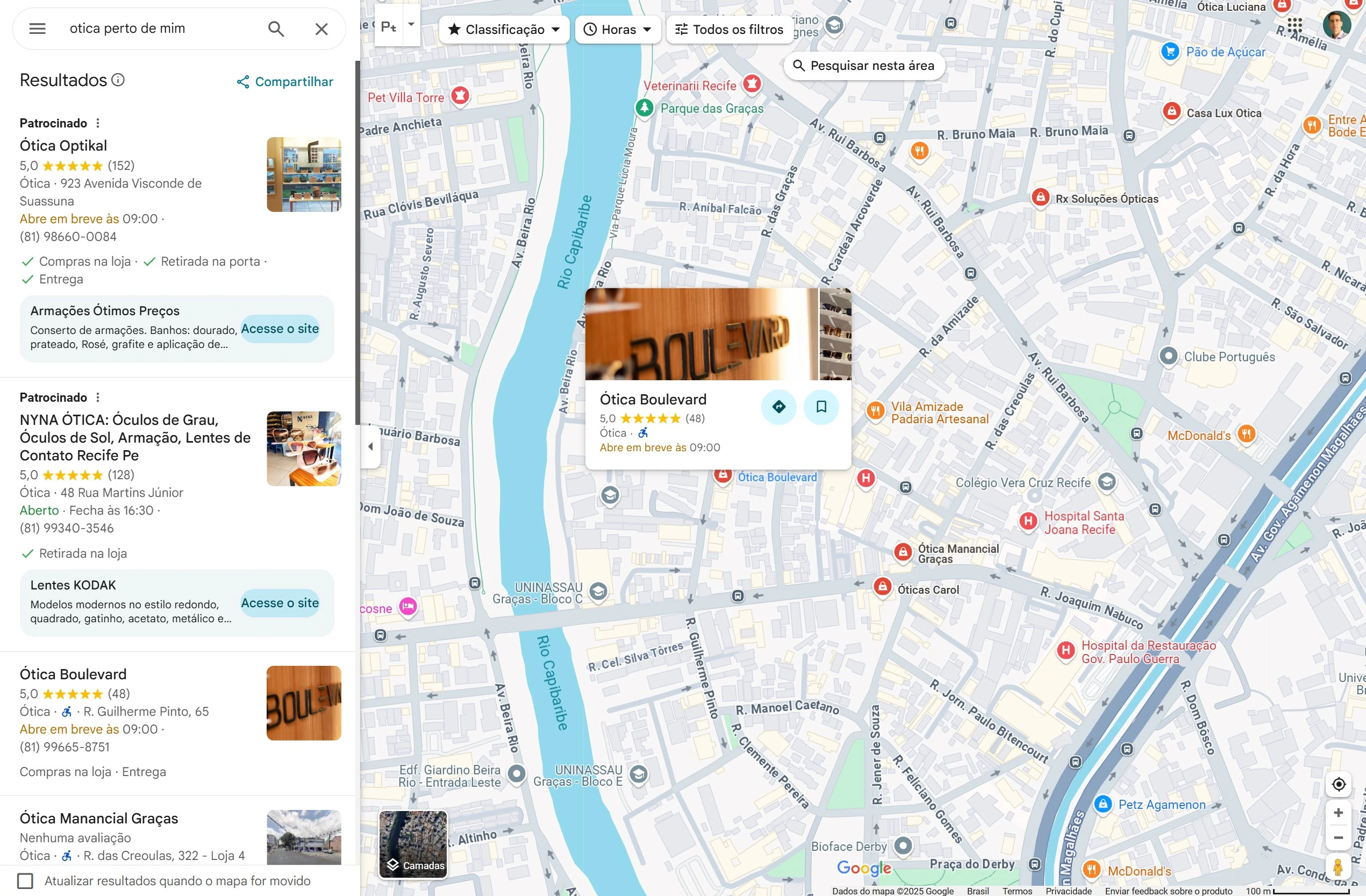 Resultado de busca no Google Maps para ótica perto de mim - depois