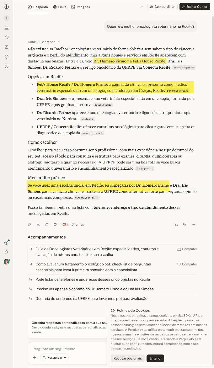 Dr. Homero Firmo citado pelo Perplexity como oncologista veterinário no Recife